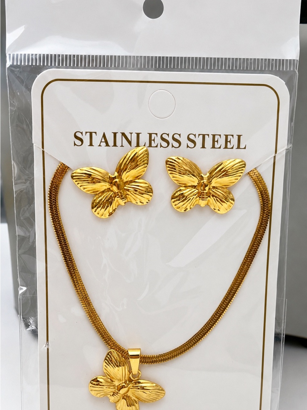 Gold Butterfly Pendant Necklace and Stud Earring Set